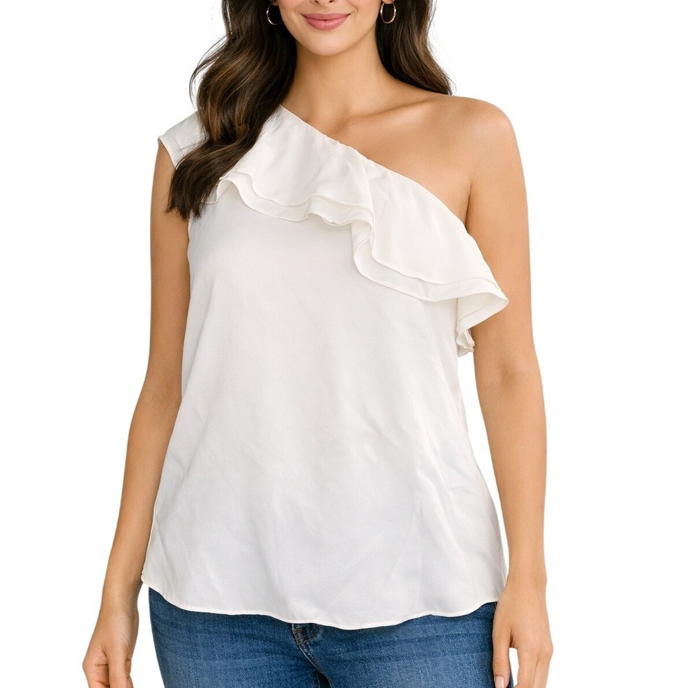 Theory Damarill Modern GGT Ivory 100% Silk One Shoulder Ruffle Blouse Small